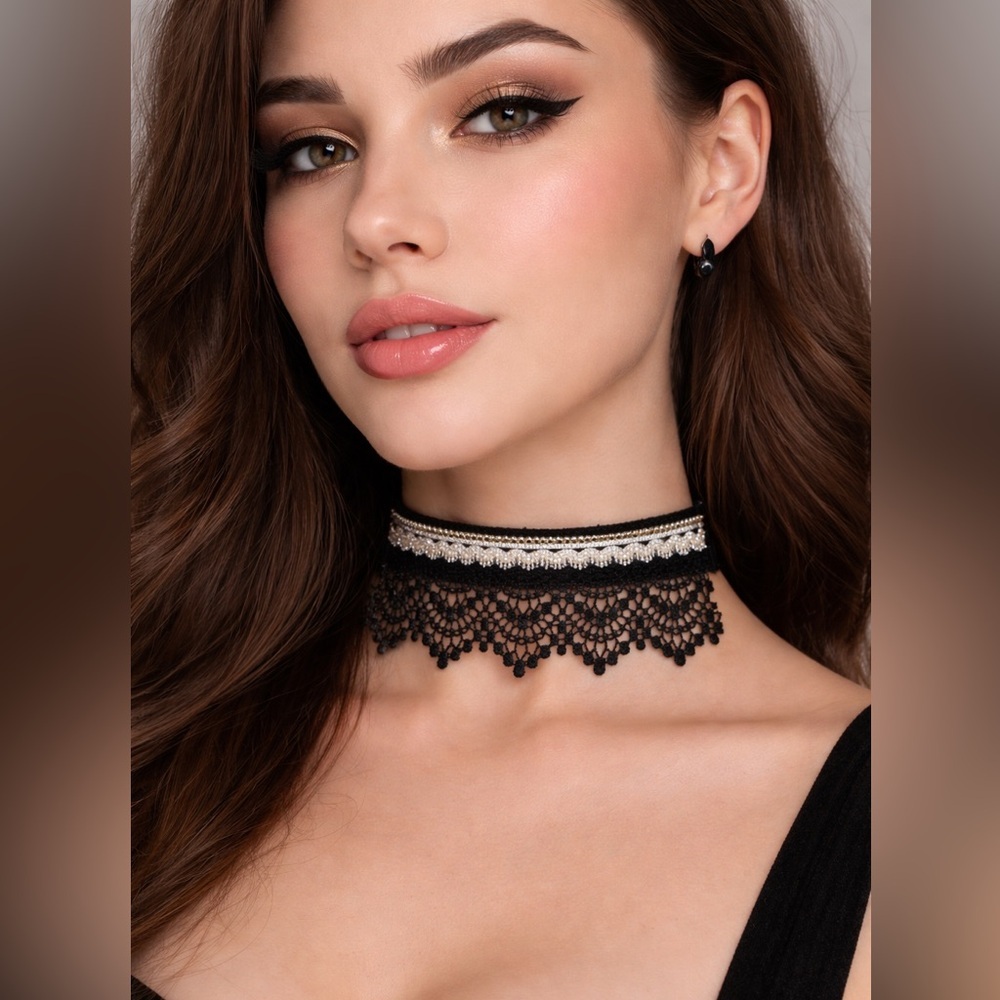 Handmade Gothic Black Lace Choker w/ Seed Bead Detail Boho Collar Necklace OOAK